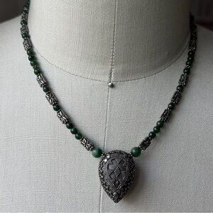 Genuine Emerald Beads with Pendant 16” Silver Tone Necklace